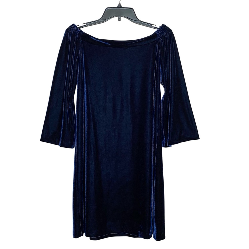 Donna Morgan Off Shoulder Shift Dress‎ Women Sz 4 Blue 3/4 Sleeve Velour